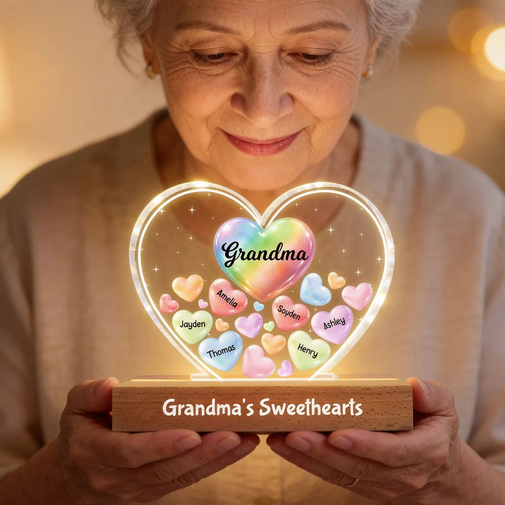 Grandma's Sweethearts In Heart - Personalized Acrylic Block Plaque LED Night Light - Gift For Grandma