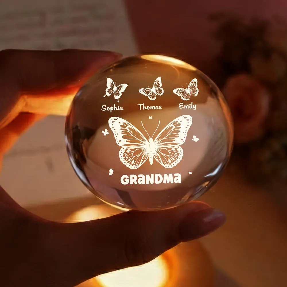 Grandma Mom Butterflies Custom Kids Names - Personalized Crystal Ball LED Night Light - Gift For Grandma, Mom