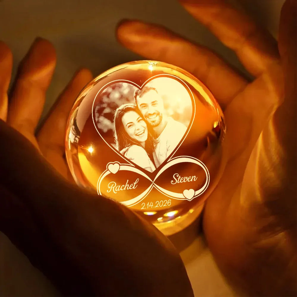 Eternal Love Custom Couple Photo Inside Infinity Heart - Personalized Crystal Ball LED Night Light - Valentine's Day Gift For Couple, For Her, For Him