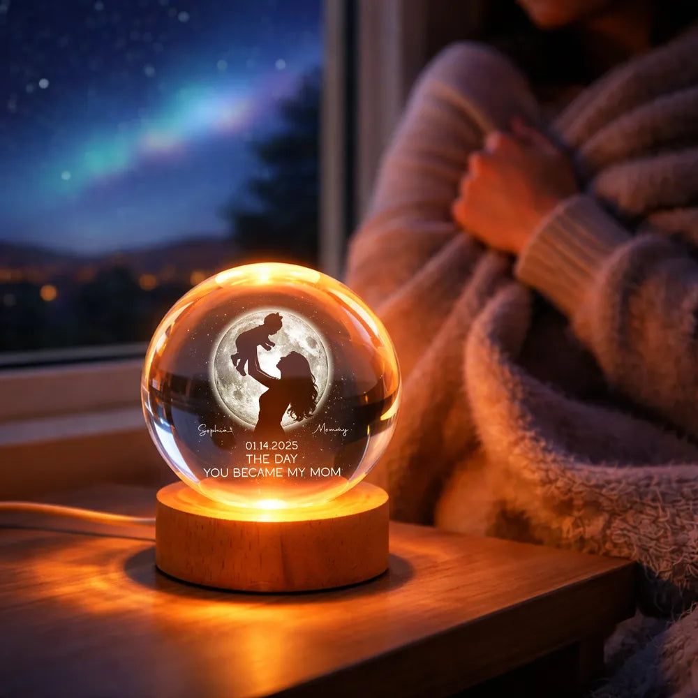 Mom Hugging Kid, The Day You Became My Mom Custom Moon Phase by Date - Personalized Crystal Ball LED Night Light - Mother's Day Gift for Mom