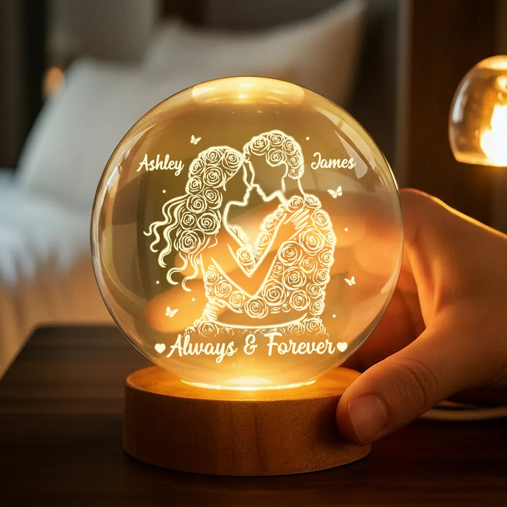 Couple Romantic Roses Love - Personalized Crystal Ball LED Night Light - Sentimental Valentine's Day Gift for Her, for Him