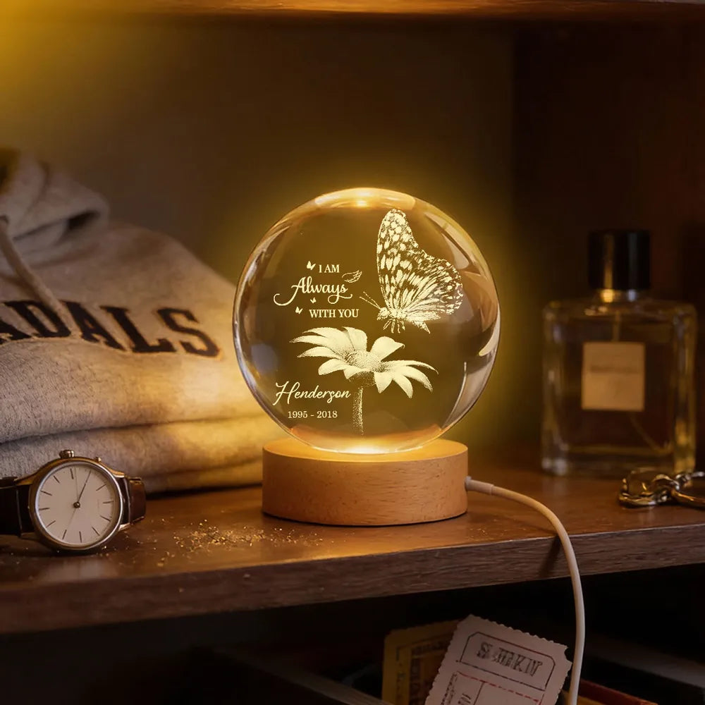 Always With You Butterfly On Daisy - Personalized Crystal Ball LED Night Light - Memorial Remembrance Keepsake