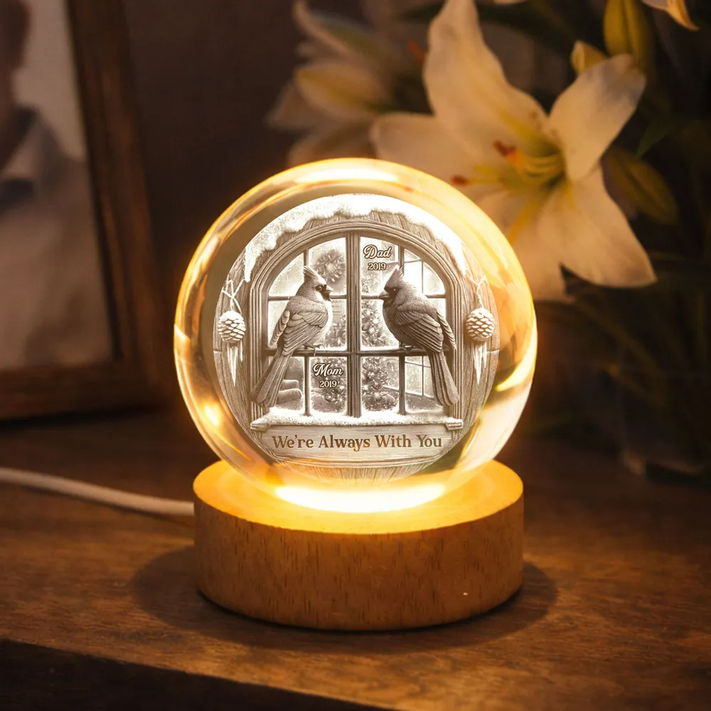 Memorial Cardinal Outside Window - Personalized Crystal Ball LED Night Light - Memorial Sympathy Gift