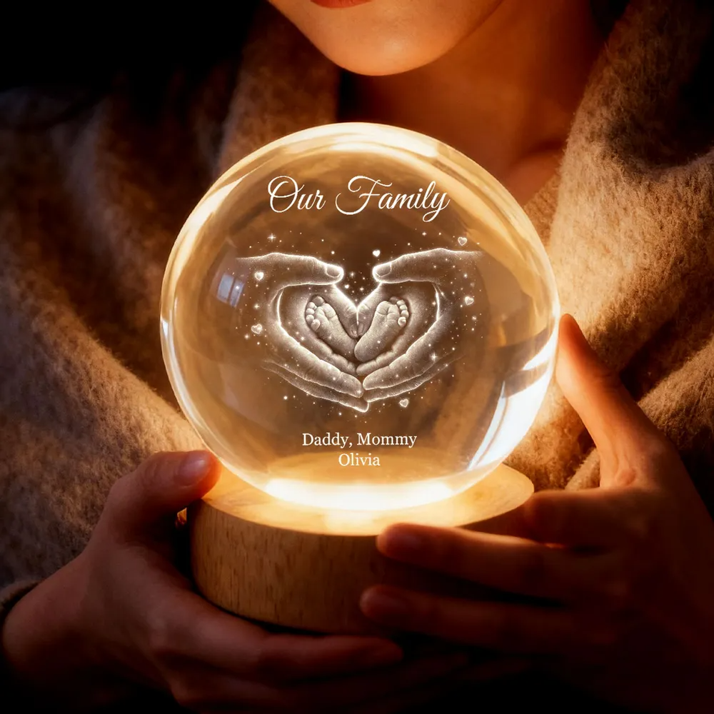 Our Family Heart Handprint - Personalized Crystal Ball LED Night Light - Sentimental Gift for Mom, Dad
