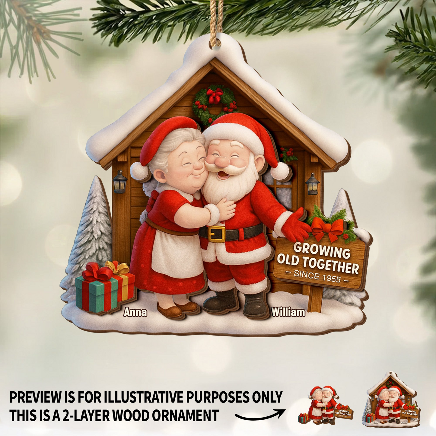 Growing Old Together, Santa And Mrs. Claus Ornament, Custom Wood Ornament, Gift For Grandparents