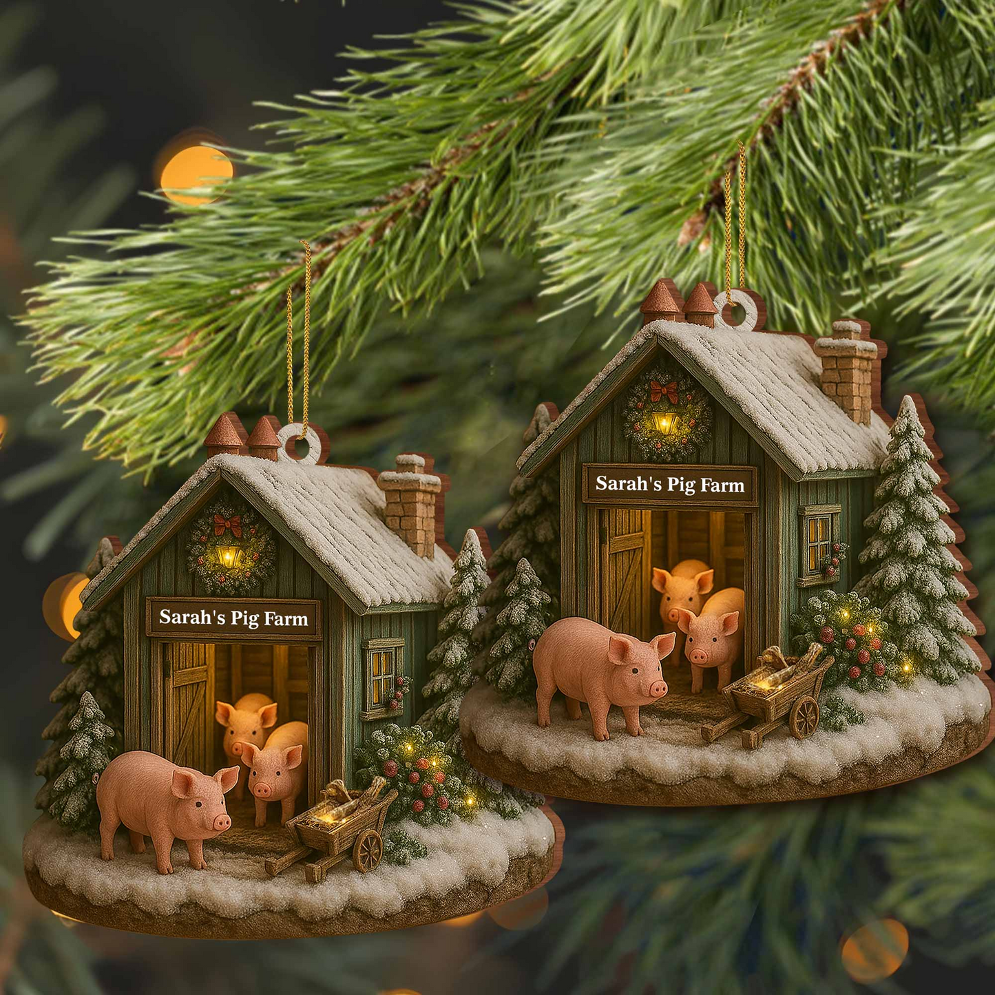 Cozy Farmhouse Christmas With Pigs And Snow,Personalized Custom Wood Ornament,Gift For Family And Farm Owners