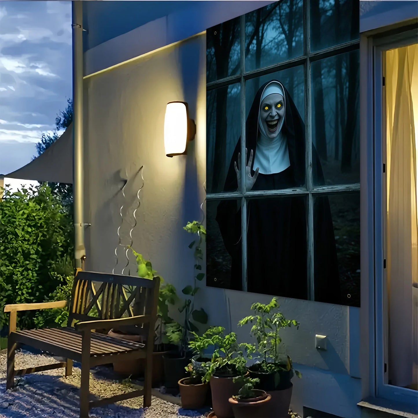 Halloween party banner - Ghost Nun in Dark Forest window design, durable polyester indoor/outdoor decoration haunted house