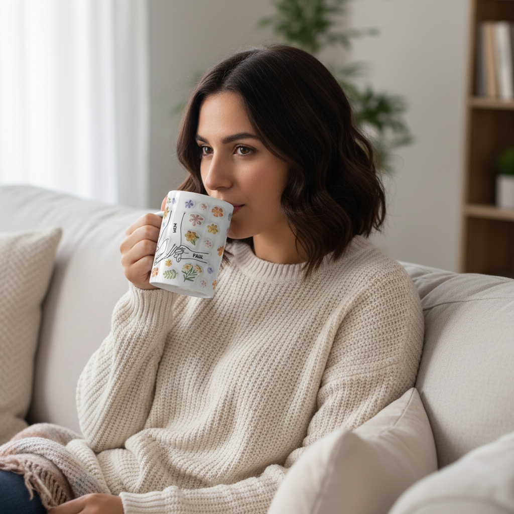 Personalized Grandma Mug 3D Effect - Grandchildren Holding Grandma's Hand With Flowers