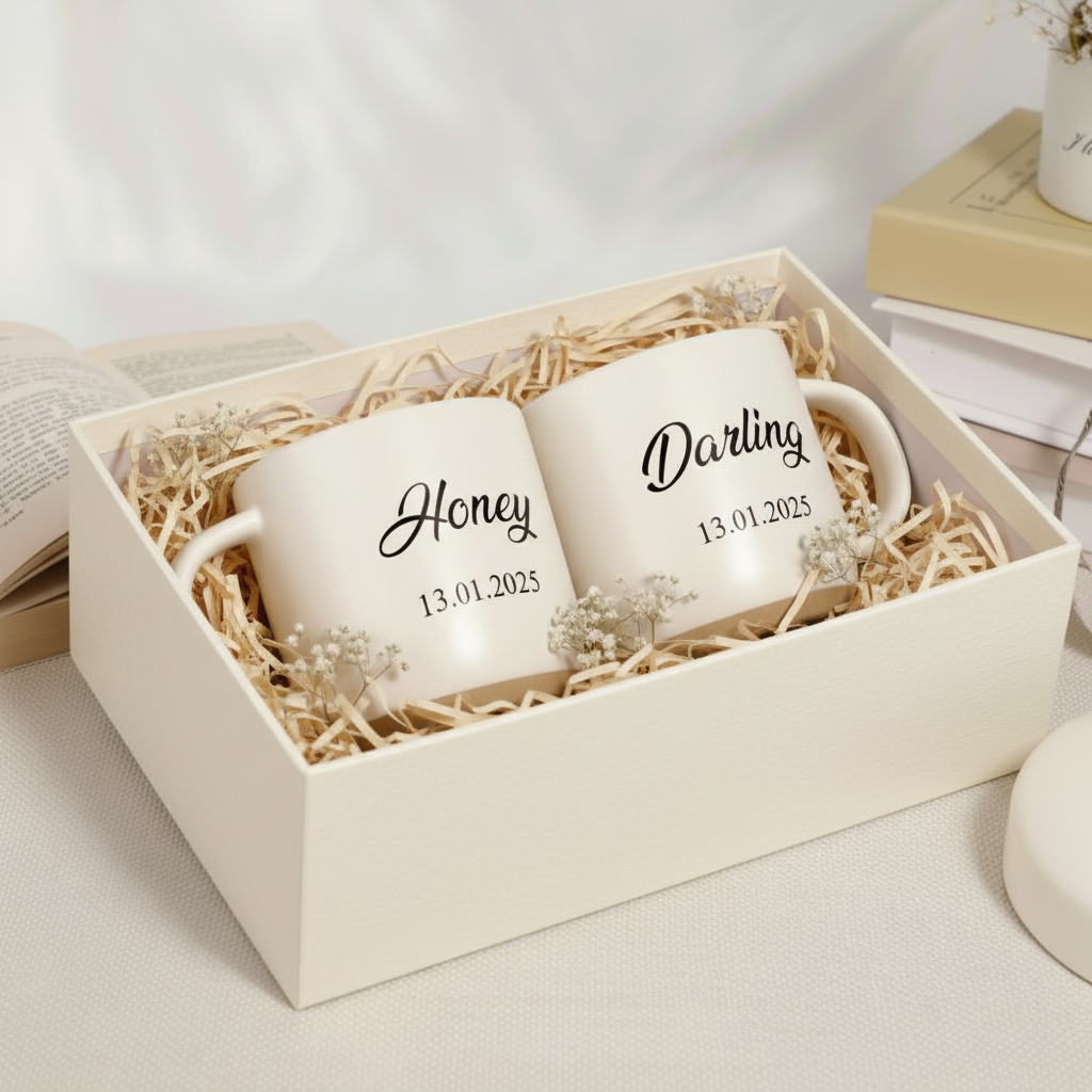Custom Name And Date Ceramic Couple Cups – Romantic Gift for Wedding, Anniversaries