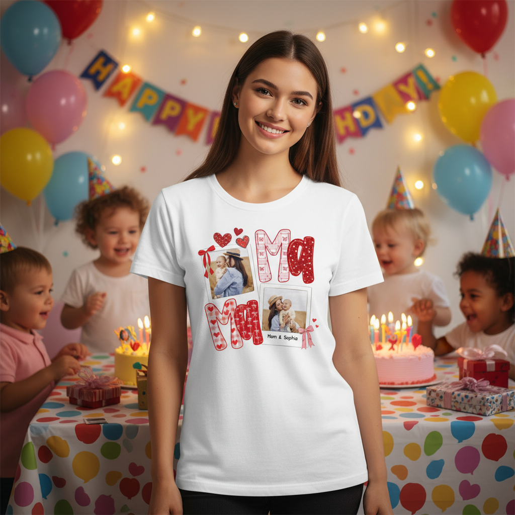 Preppy Mama Valentine Glitter Effect Photo - Personalized Women Tee - Heartfelt Gift for Mom