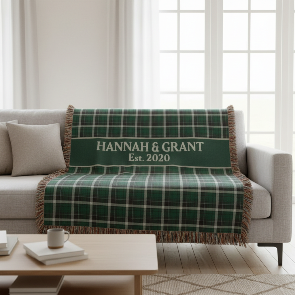 Green Plaid Custom Name & Year Blanket for Couple/Family – Personalized Wedding & Anniversary Gift