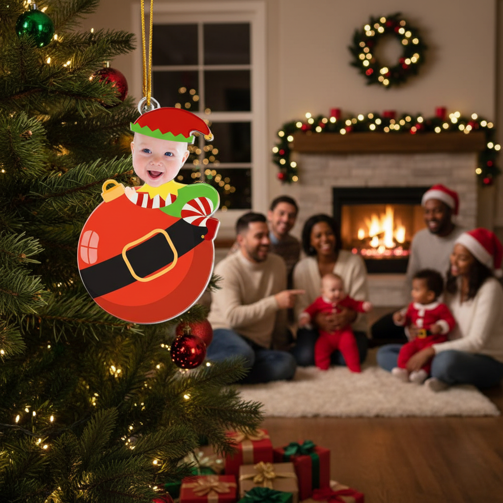 Cute Baby Elf Christmas - Personalized Babys Photo First Christmas Ornament - For Mom, Dad and Family