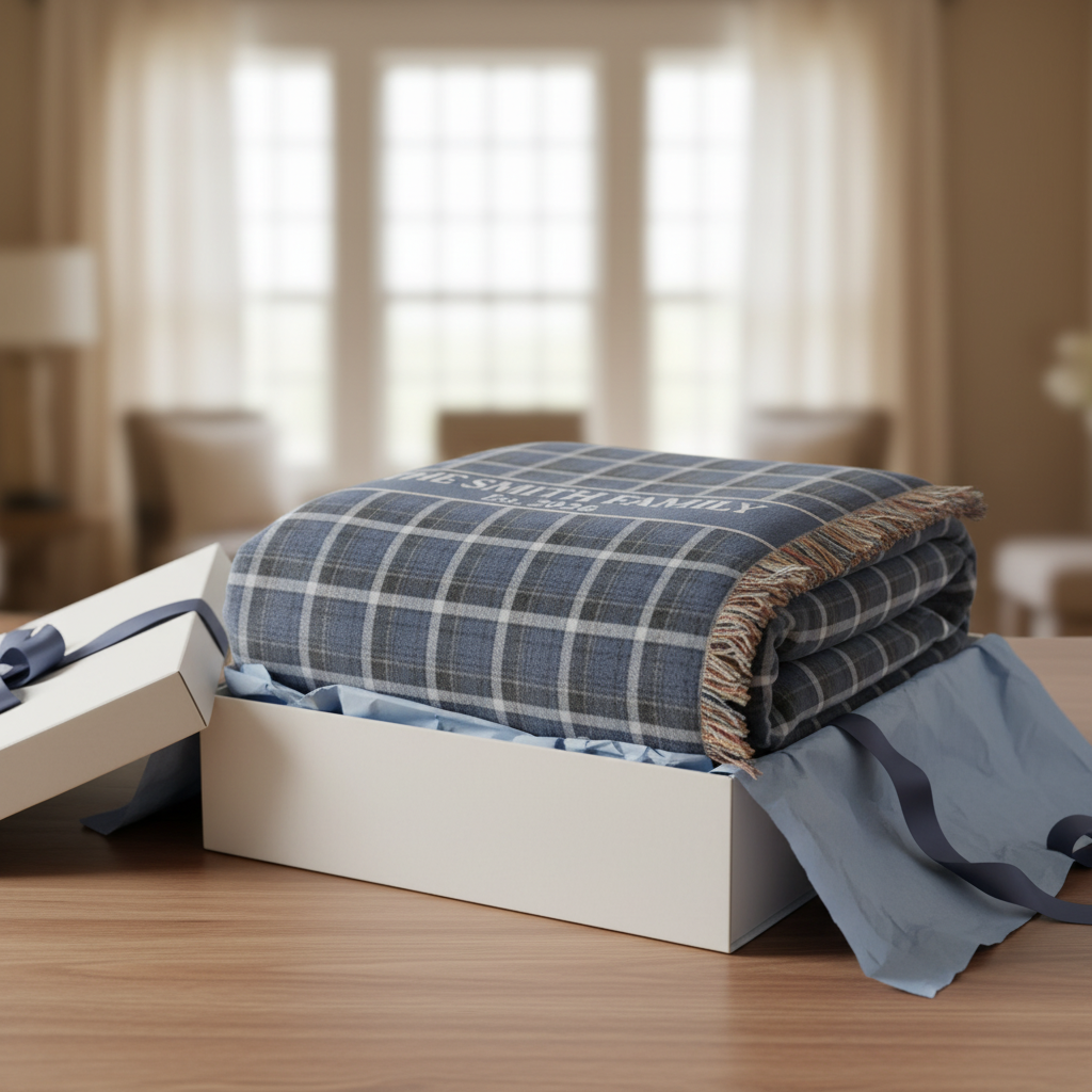 Navy Plaid Custom Name & Year Blanket for Couple/Family – Personalized Wedding & Anniversary Gift