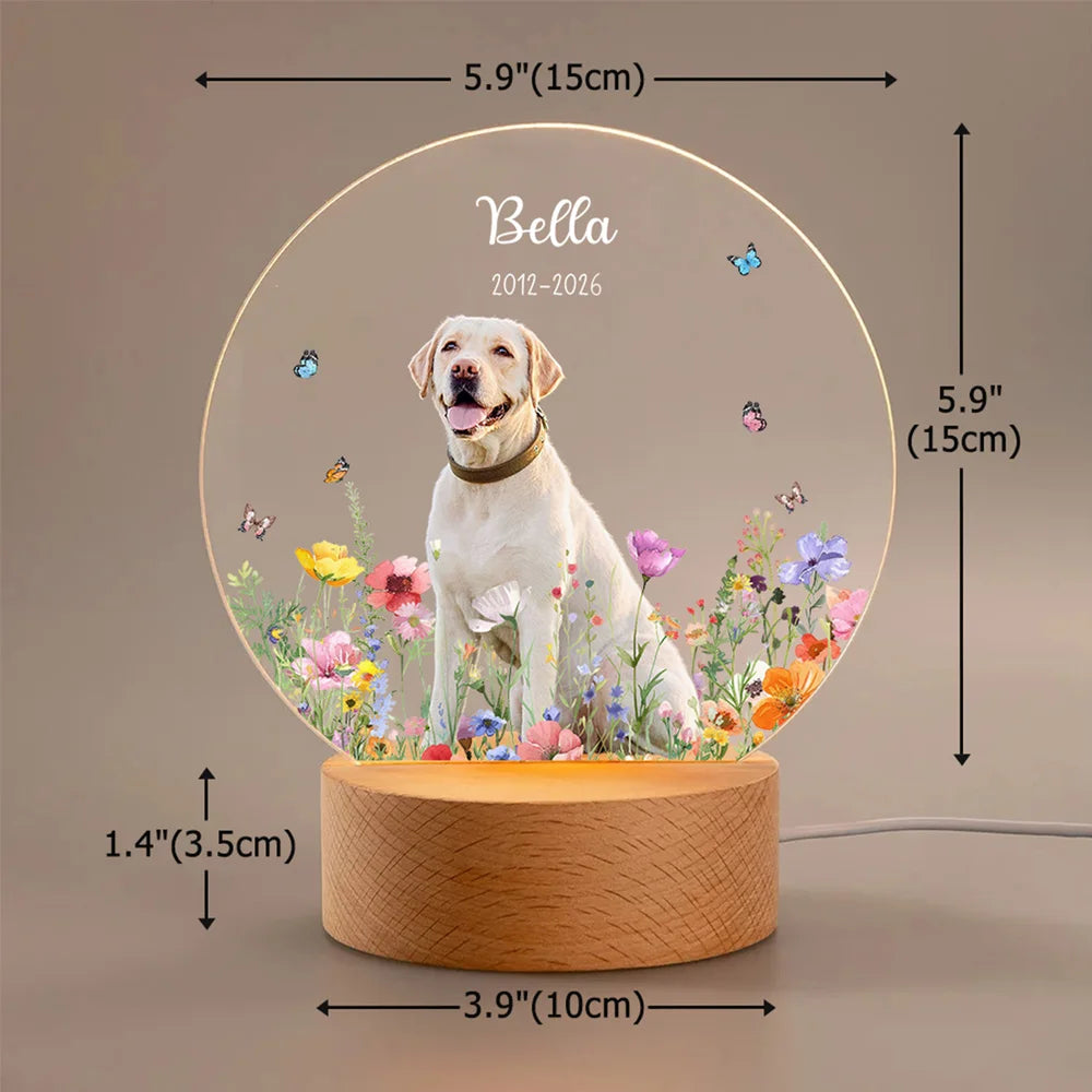 Personalised Floral Pet Photo LED Night Light with Name Date and Wooden Base Sympathy Memorial Loss of Pet Birthday Gift for Pet Owners Lovers
