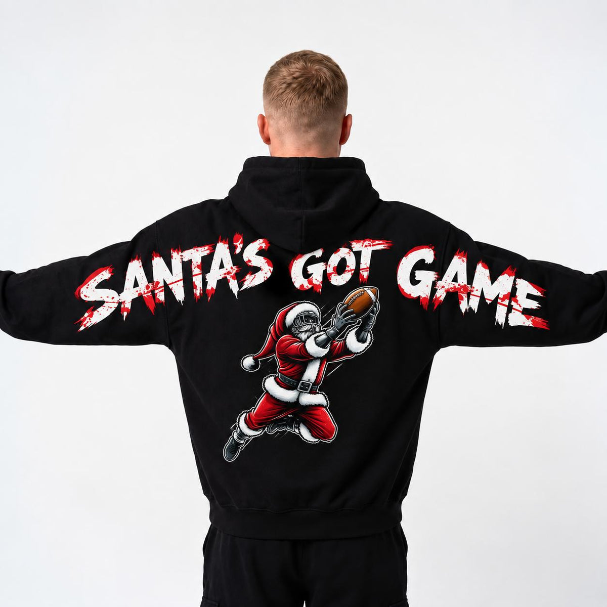 Women's Casual Santa Football Christmas Hoodie - Smooth Fabric Garment, Comfortable Pullover with Santa's Got Game Graphic, Shoulder-to-Shoulder Back Print, Funny Holiday Xmas Gift for Her