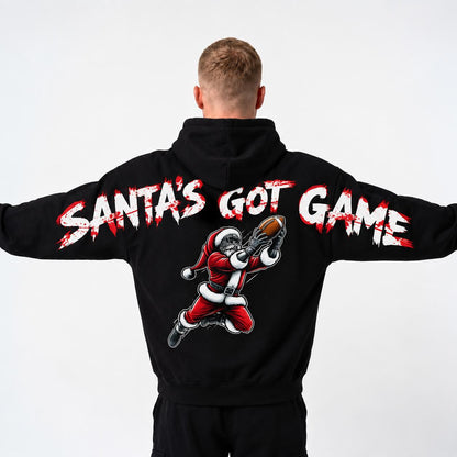 Women's Casual Santa Football Christmas Hoodie - Smooth Fabric Garment, Comfortable Pullover with Santa's Got Game Graphic, Shoulder-to-Shoulder Back Print, Funny Holiday Xmas Gift for Her