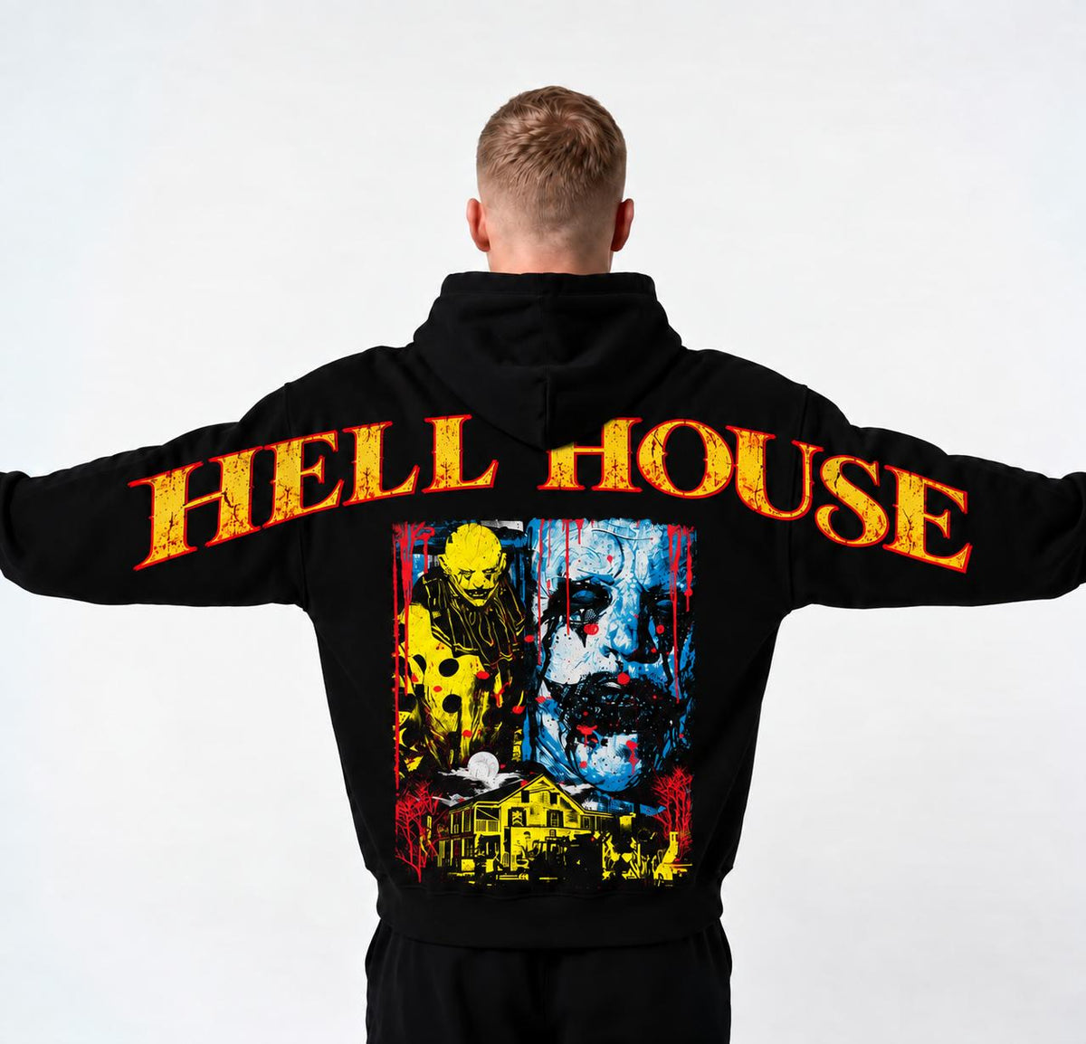 Retro Horror Printed Pullover Hoodie, Shoulder-to-Shoulder Back Lettering, Haunted House Slasher Graphic Sweatshirt, Halloween Spooky Season Gift, Vintage Scary Streetwear Vibes