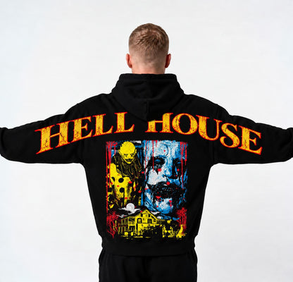 Retro Horror Printed Pullover Hoodie, Shoulder-to-Shoulder Back Lettering, Haunted House Slasher Graphic Sweatshirt, Halloween Spooky Season Gift, Vintage Scary Streetwear Vibes