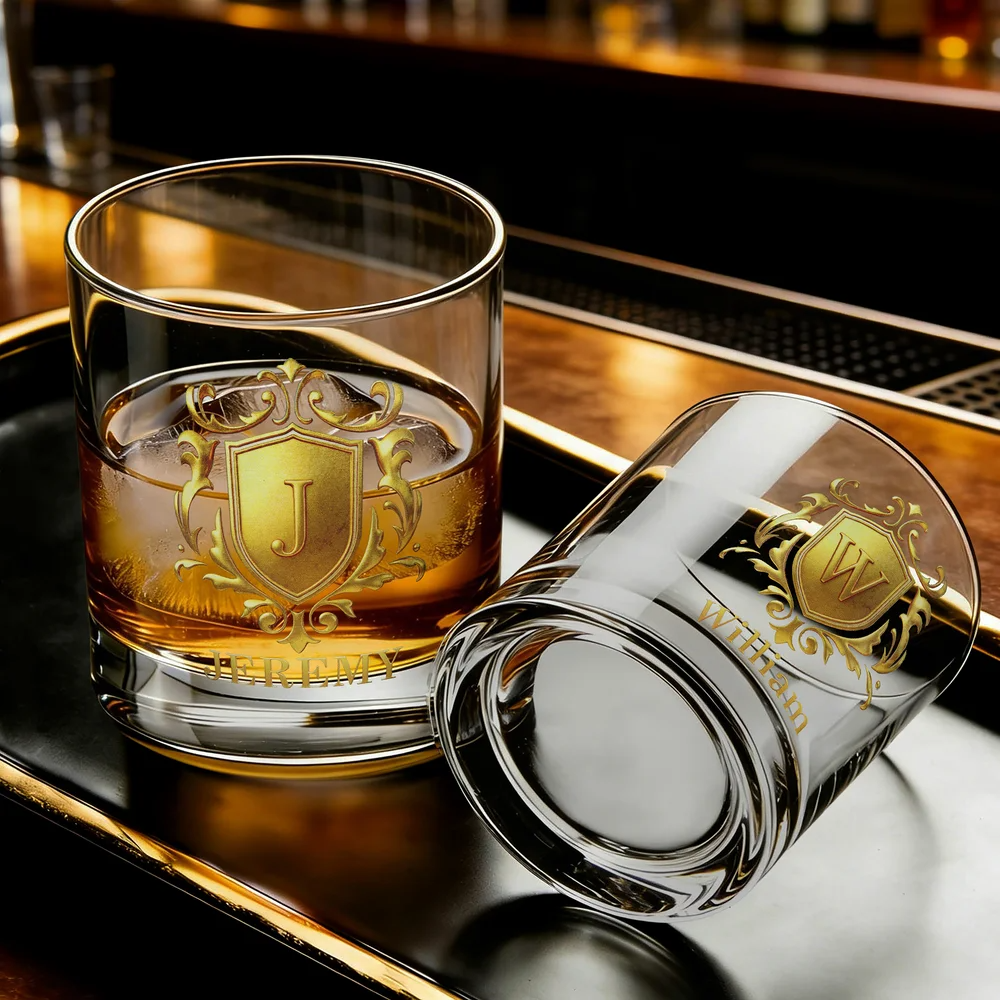 Personalised Golden Shield Initial Name Rock Whiskey Glass Old Fashioned Anniversary Birthday Gift for Man Bartender Whiskey Enthusiast