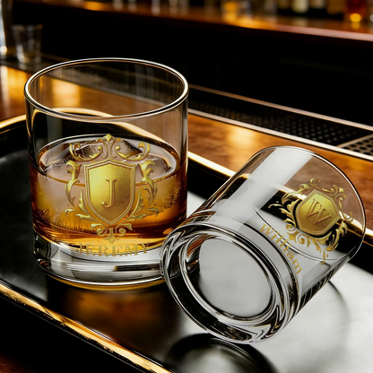 Personalised Golden Shield Initial Name Rock Whiskey Glass Old Fashioned Anniversary Birthday Gift for Man Bartender Whiskey Enthusiast