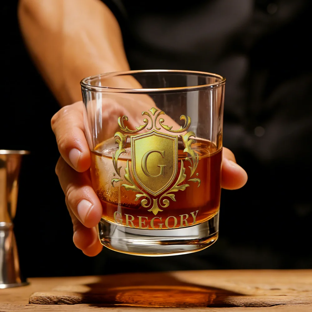 Personalised Golden Shield Initial Name Rock Whiskey Glass Old Fashioned Anniversary Birthday Gift for Man Bartender Whiskey Enthusiast