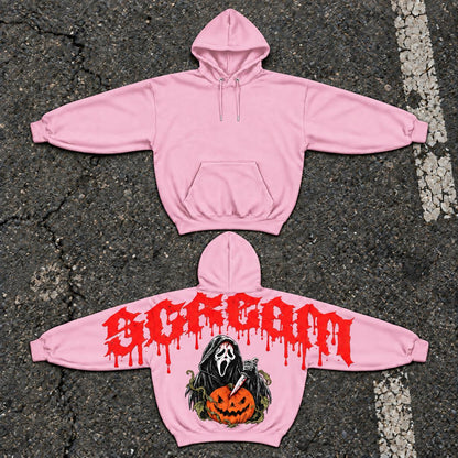 Women's Ghostface Pumpkin Scream Horror Printed Pullover Hoodie - Smooth, Comfortable Fabric, Firm Club Shoulder-to-Shoulder Back Lettering, Casual Bottom Pairing Option, Halloween Spooky Season Gift for Her