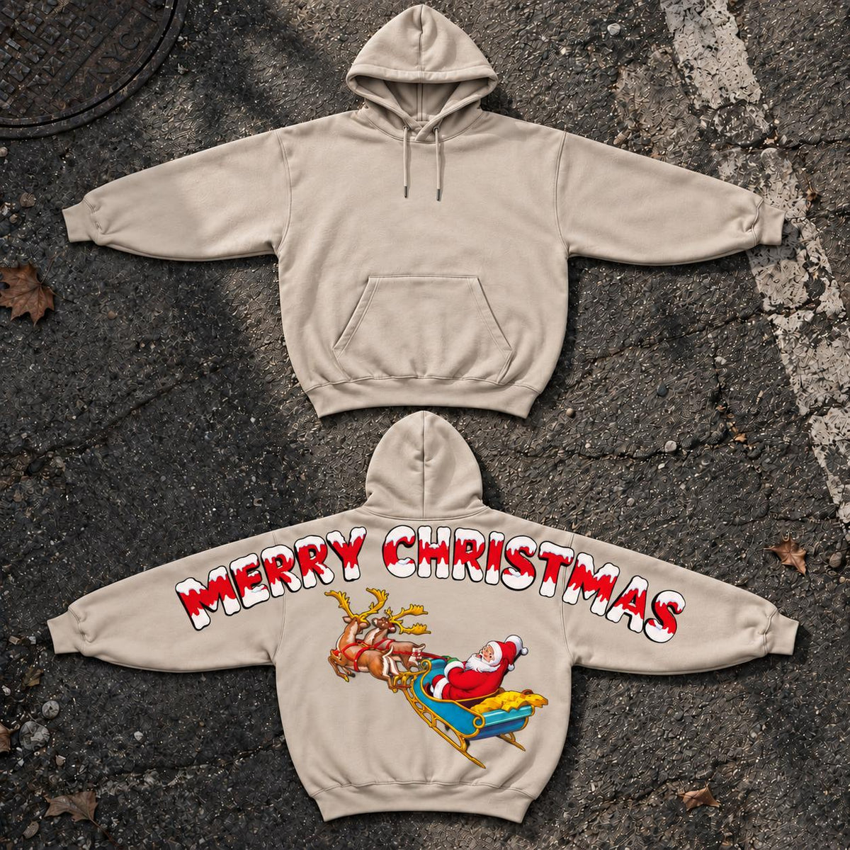Women's Merry Christmas Santa Sleigh Graphic Hoodie - Shoulder-to-Shoulder Back Print Pullover, Reindeer Holiday Sweatshirt, Festive Xmas Hoodie, Christmas Gift for Her