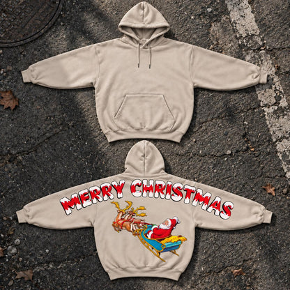 Women's Merry Christmas Santa Sleigh Graphic Hoodie - Shoulder-to-Shoulder Back Print Pullover, Reindeer Holiday Sweatshirt, Festive Xmas Hoodie, Christmas Gift for Her