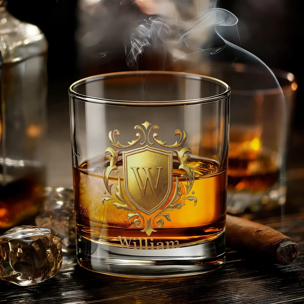 Personalised Golden Shield Initial Name Rock Whiskey Glass Old Fashioned Anniversary Birthday Gift for Man Bartender Whiskey Enthusiast