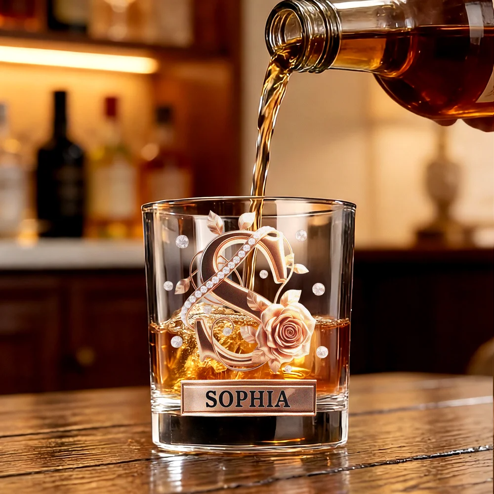 Roses Hold Love, Initials Mark Us - Personalised Old Fashioned Rock Whiskey Glass