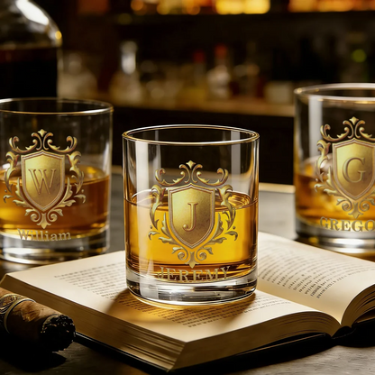 Personalised Golden Shield Initial Name Rock Whiskey Glass Old Fashioned Anniversary Birthday Gift for Man Bartender Whiskey Enthusiast