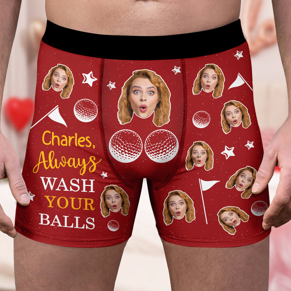 Custom Photo and Name Always Wash Your Balls Personalized Men's Boxer Briefs Valentine's Day For Golfers