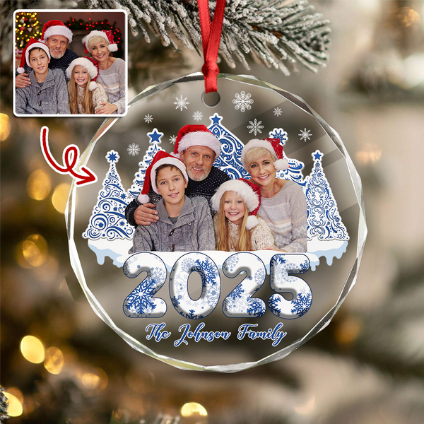 Custom Photo 3D Effect Family Toile De Jouy Christmas Trees For Family Glass Ornament