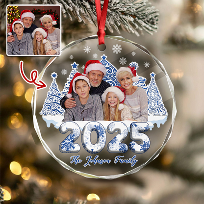 Custom Photo 3D Effect Family Toile De Jouy Christmas Trees For Family Glass Ornament
