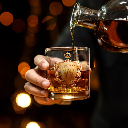 Personalised Golden Badge Initial Name Rock Whiskey Glass Old Fashioned Birthday Gift for Man Bartender Whiskey Enthusiast