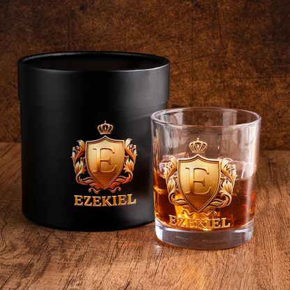 Personalised Golden Badge Initial Name Rock Whiskey Glass Old Fashioned Birthday Gift for Man Bartender Whiskey Enthusiast