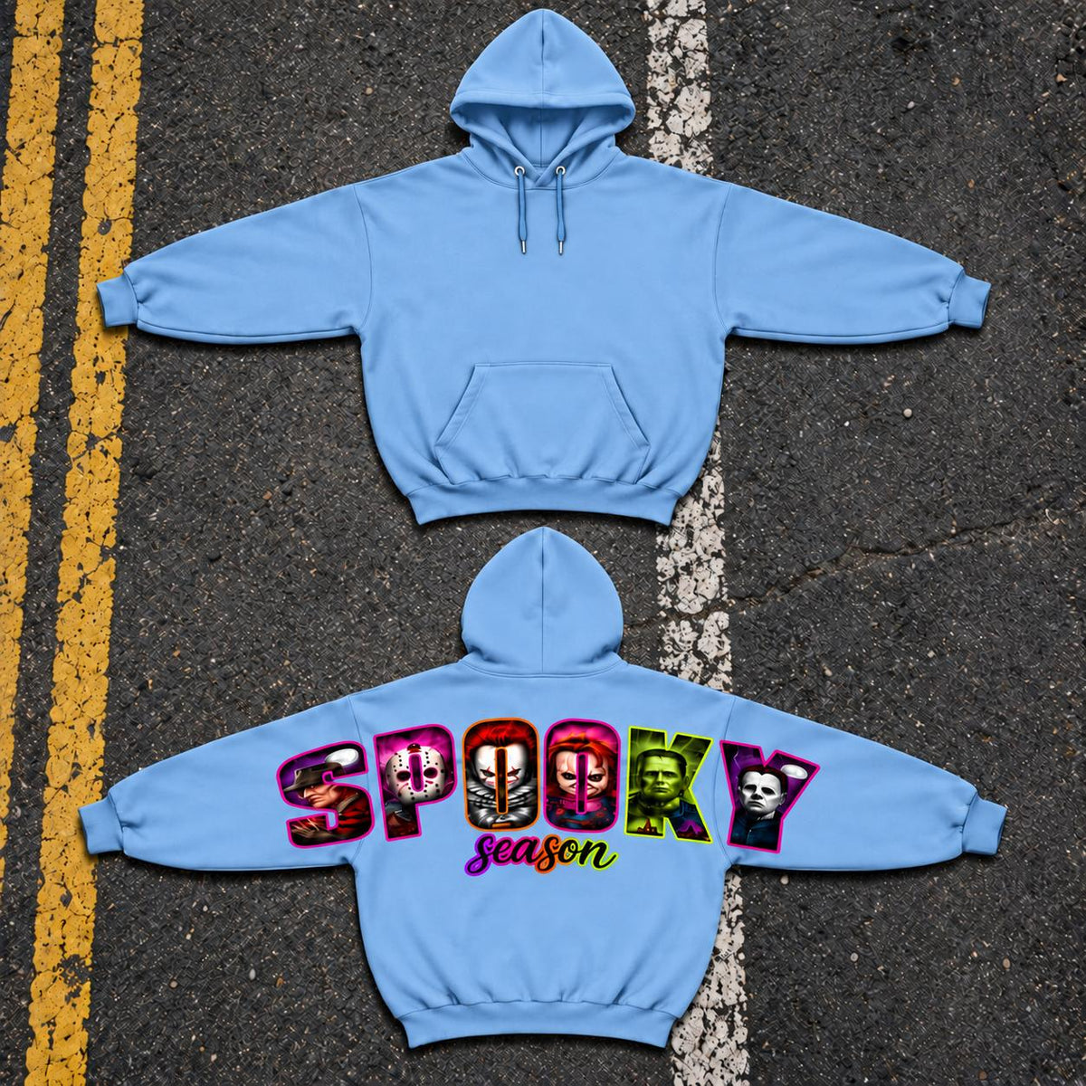 Women's Unisex Soft Smooth Casual Printed Neon Horror Character Back Graphic Hoodie, Halloween Scary Movie Collage Pullover, Fall Sweatshirt, Gift for Him and Her