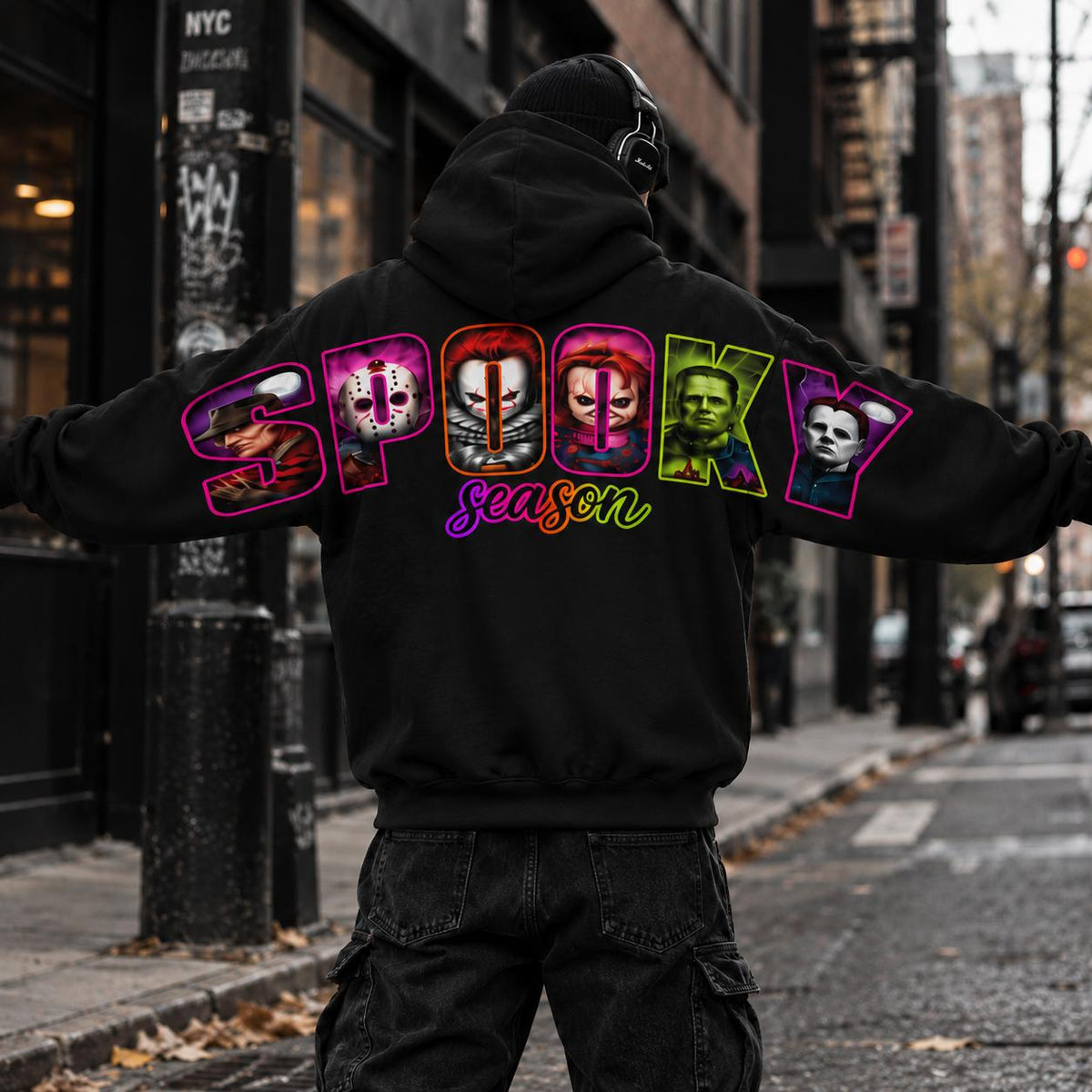 Women's Unisex Soft Smooth Casual Printed Neon Horror Character Back Graphic Hoodie, Halloween Scary Movie Collage Pullover, Fall Sweatshirt, Gift for Him and Her