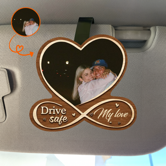 Personalized Couple Car Visor Clip – Custom Photo “Drive Safe I Love You” Accessory  2Layers Wooden Car Visor Clip