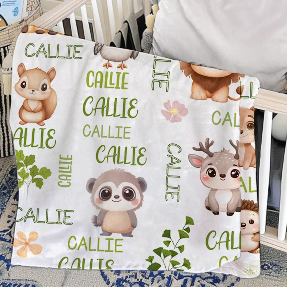 Personalised Multicolor Cute Forest Animal Soft Throw Blanket with Name Children's Day Christmas Gift for Boys Girls