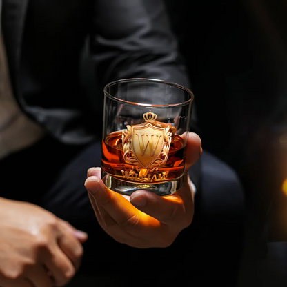Personalised Golden Badge Initial Name Rock Whiskey Glass Old Fashioned Birthday Gift for Man Bartender Whiskey Enthusiast