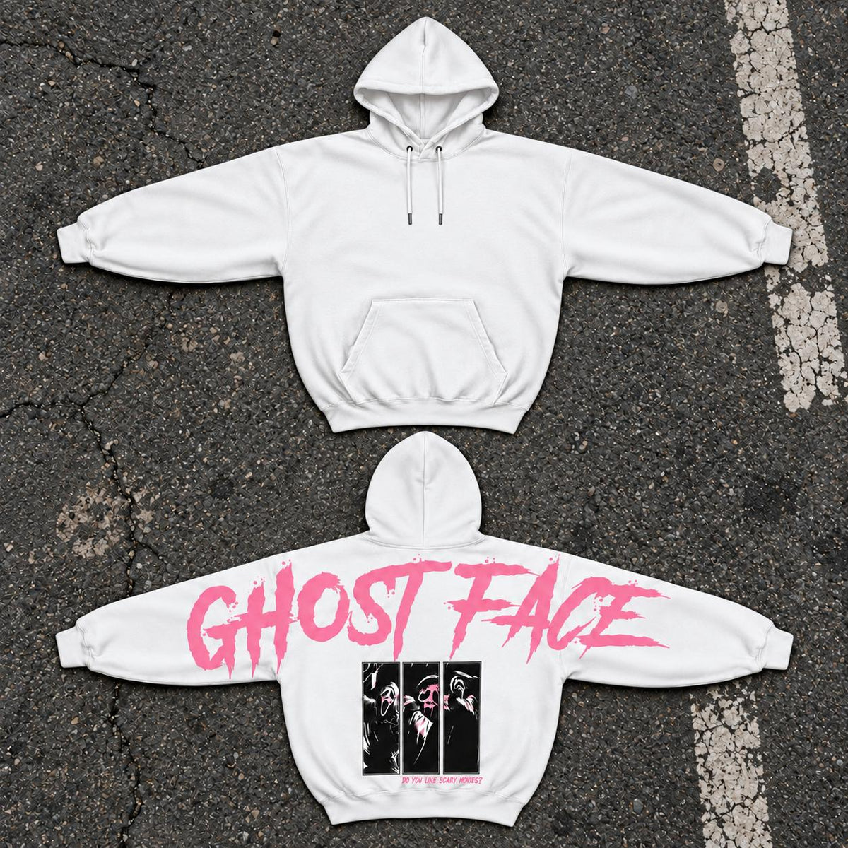 Women's Ghostface Hooded Sweatshirt - Pink, Navy, Black - Scream Movie Horror Firm Club Shoulder-to-Shoulder Back Lettering, Halloween Graphic Top, Spooky Season Gift for Him/Her
