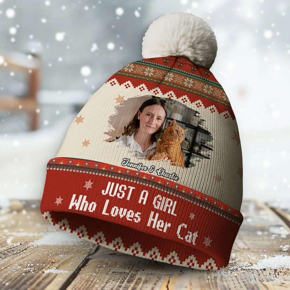 Just A Girl And Her Cats Photo - Personalized Custom Bobble Beanie Hat