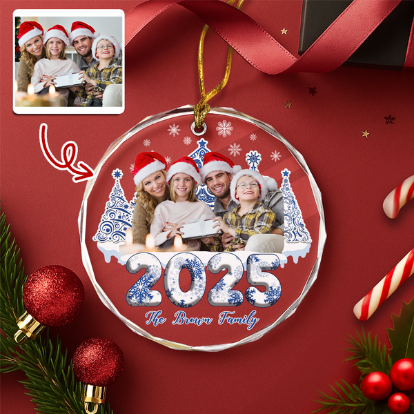 Custom Photo 3D Effect Family Toile De Jouy Christmas Trees For Family Glass Ornament