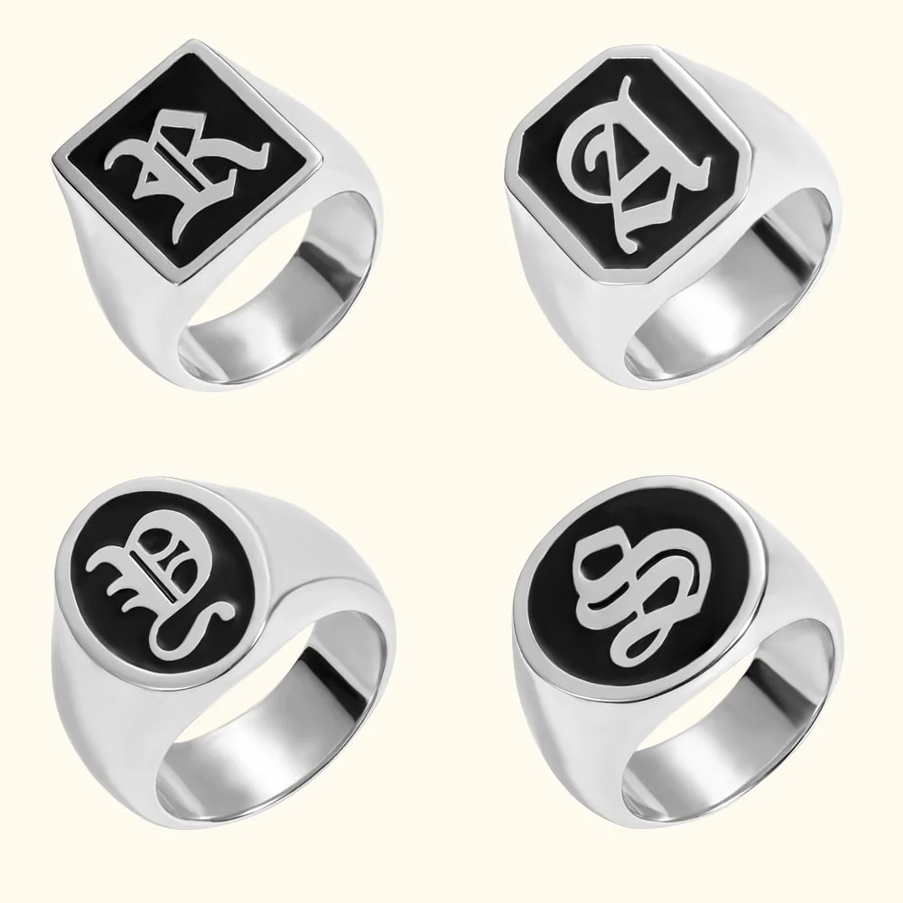 Personalised Old English Gothic Vintage Initial Signet Sterling Silver Ring Gift for Woman Man