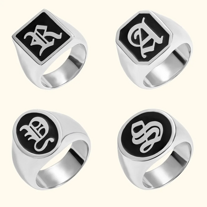 Personalised Old English Gothic Vintage Initial Signet Sterling Silver Ring Gift for Woman Man