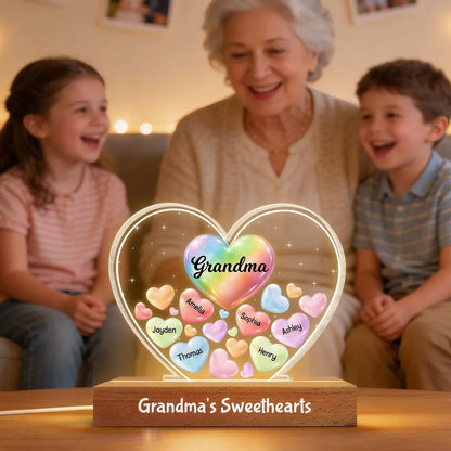 Grandma's Sweethearts In Heart - Personalized Acrylic Block Plaque LED Night Light - Gift For Grandma