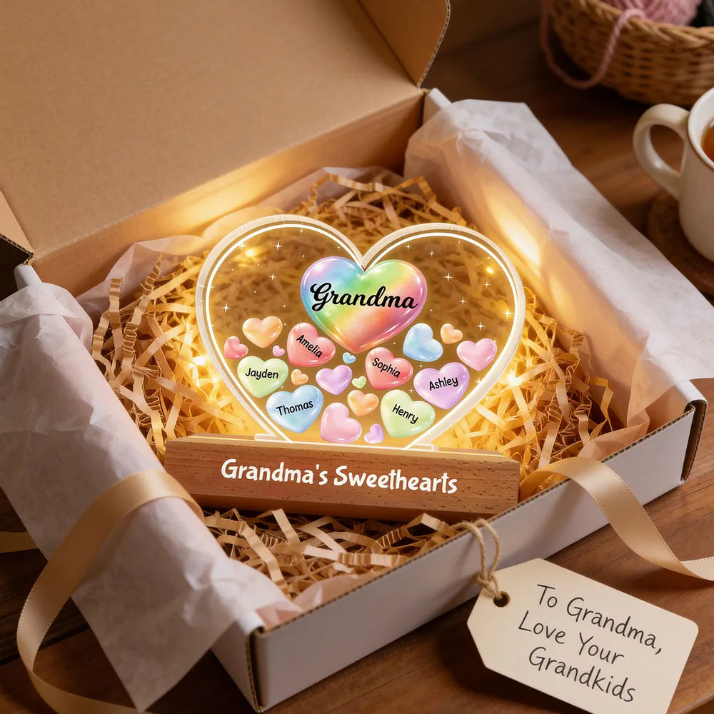 Grandma's Sweethearts In Heart - Personalized Acrylic Block Plaque LED Night Light - Gift For Grandma