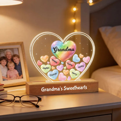 Grandma's Sweethearts In Heart - Personalized Acrylic Block Plaque LED Night Light - Gift For Grandma