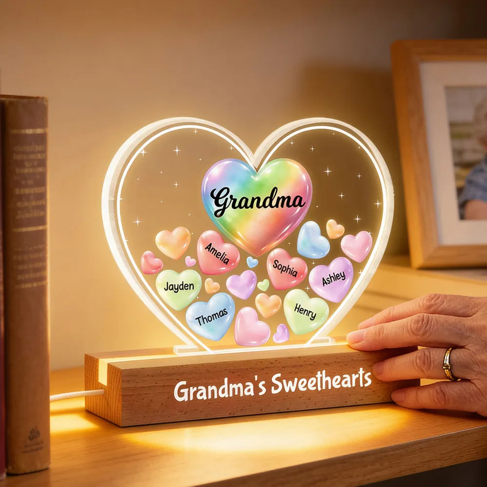 Grandma's Sweethearts In Heart - Personalized Acrylic Block Plaque LED Night Light - Gift For Grandma
